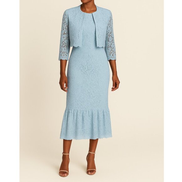Sky Blue Lace Midi Dress with Ruffle Hem – Wedding Guest / Cocktail - Picture 3 of 4